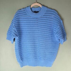 Ann Taylor Womens Blue Stitchy Elbow Length Crewneck Knit Sweater Size Large